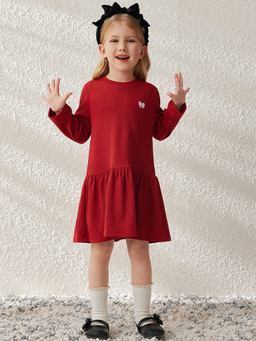 Blossori Young Girls Burgundy Knit Loose Fit French Chic Round Neck Dress, Autumn/Winter