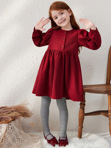 Blossori Young Girls' Burgundy Woven French Style Loose Round Neck Dress, Autumn/Winter