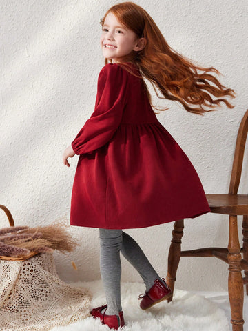 Blossori Young Girls' Burgundy Woven French Style Loose Round Neck Dress, Autumn/Winter