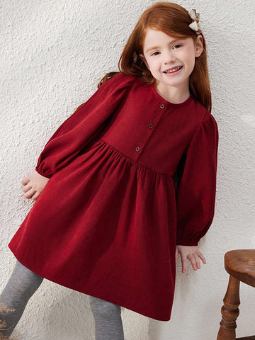 Blossori Young Girls' Burgundy Woven French Style Loose Round Neck Dress, Autumn/Winter