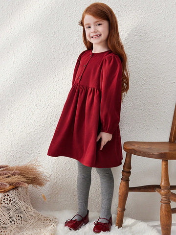 Blossori Young Girls' Burgundy Woven French Style Loose Round Neck Dress, Autumn/Winter