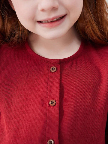 Blossori Young Girls' Burgundy Woven French Style Loose Round Neck Dress, Autumn/Winter