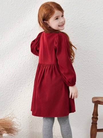 Blossori Young Girls' Burgundy Woven French Style Loose Round Neck Dress, Autumn/Winter