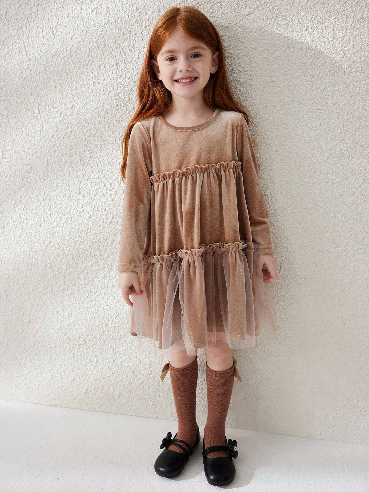 Blossori Young Girls Casual Cute Contrast Mesh Ruffle Hem Dress, For Autumn
