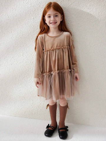Blossori Young Girls Casual Cute Contrast Mesh Ruffle Hem Dress, For Autumn