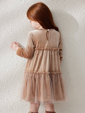 Blossori Young Girls Casual Cute Contrast Mesh Ruffle Hem Dress, For Autumn