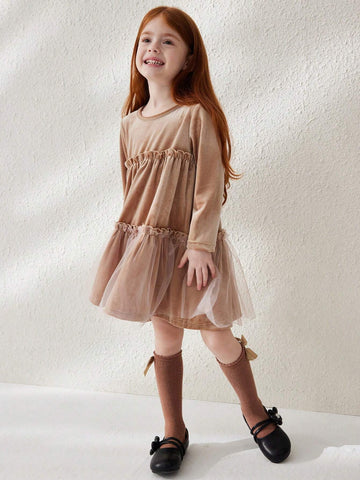 Blossori Young Girls Casual Cute Contrast Mesh Ruffle Hem Dress, For Autumn