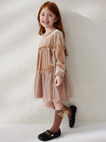 Blossori Young Girls Casual Cute Contrast Mesh Ruffle Hem Dress, For Autumn