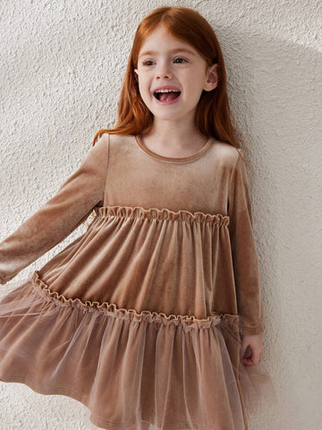 Blossori Young Girls Casual Cute Contrast Mesh Ruffle Hem Dress, For Autumn