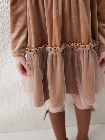 Blossori Young Girls Casual Cute Contrast Mesh Ruffle Hem Dress, For Autumn