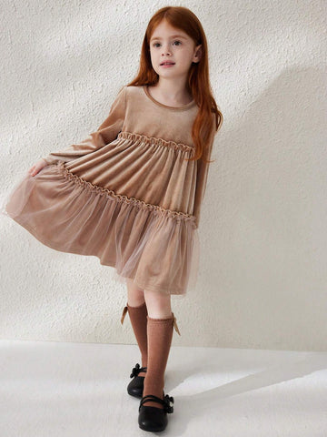 Blossori Young Girls Casual Cute Contrast Mesh Ruffle Hem Dress, For Autumn