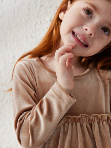 Blossori Young Girls Casual Cute Contrast Mesh Ruffle Hem Dress, For Autumn