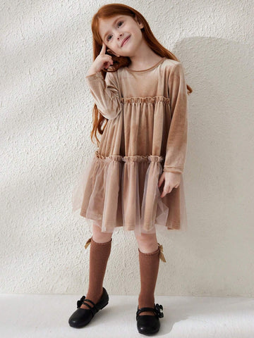 Blossori Young Girls Casual Cute Contrast Mesh Ruffle Hem Dress, For Autumn