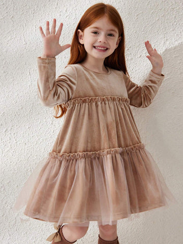 Blossori Young Girls Casual Cute Contrast Mesh Ruffle Hem Dress, For Autumn