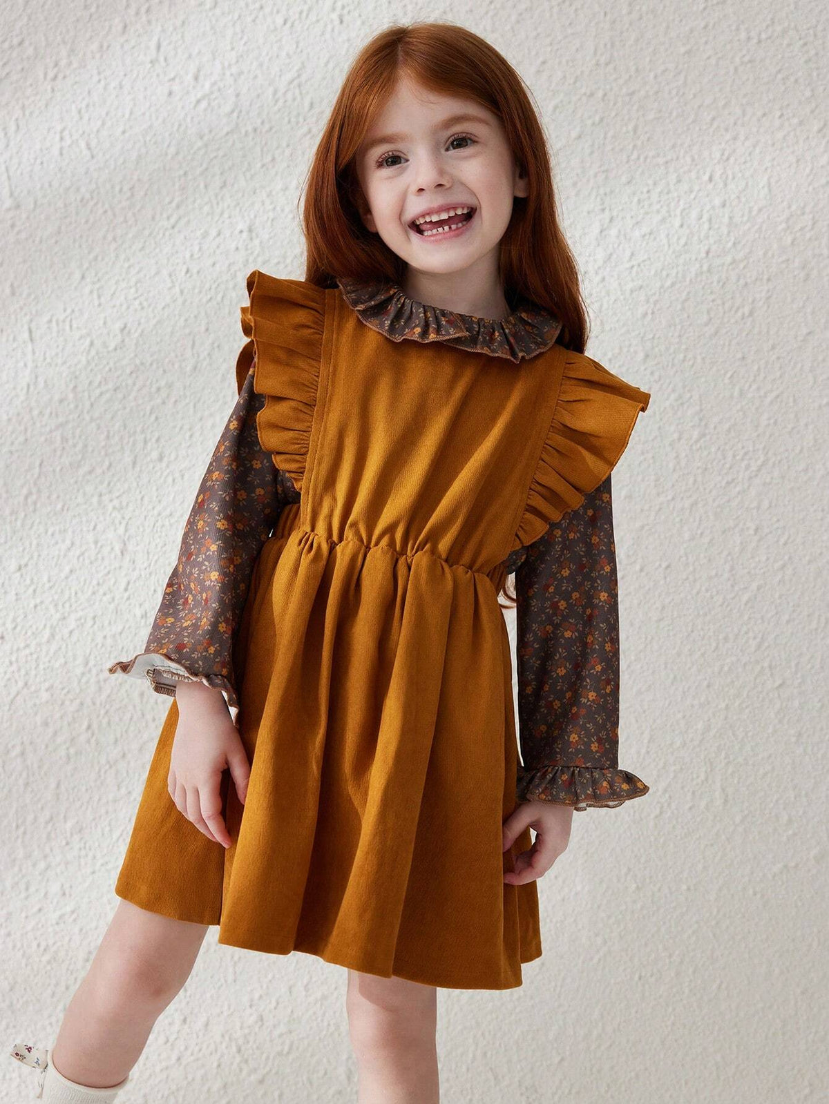 Blossori Young Girls Casual Floral Patchwork Ruffle Hem Dress, Autumn