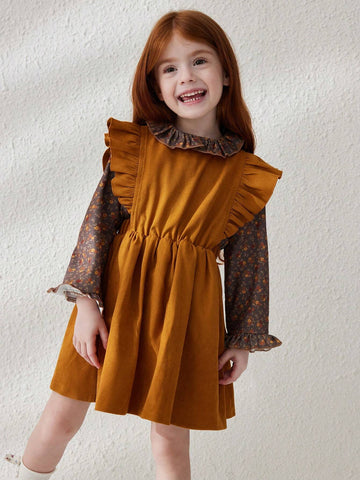 Blossori Young Girls Casual Floral Patchwork Ruffle Hem Dress, Autumn