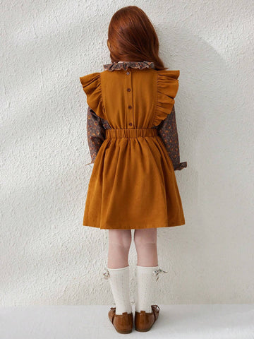 Blossori Young Girls Casual Floral Patchwork Ruffle Hem Dress, Autumn