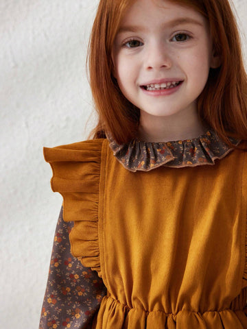 Blossori Young Girls Casual Floral Patchwork Ruffle Hem Dress, Autumn