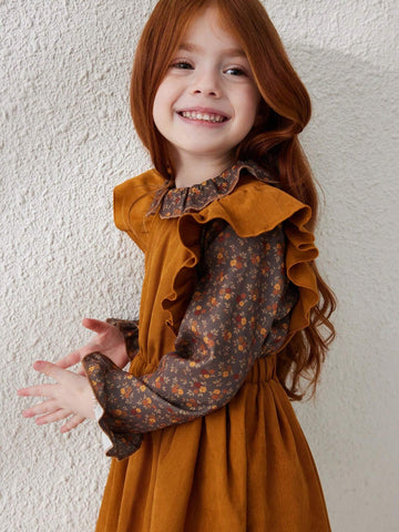 Blossori Young Girls Casual Floral Patchwork Ruffle Hem Dress, Autumn