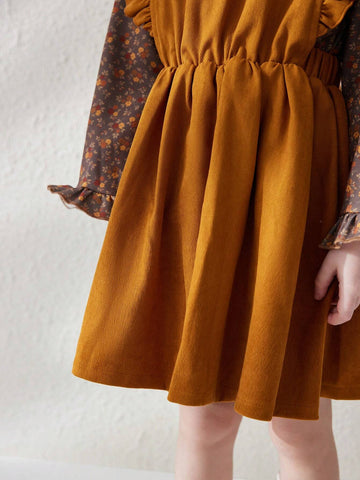 Blossori Young Girls Casual Floral Patchwork Ruffle Hem Dress, Autumn