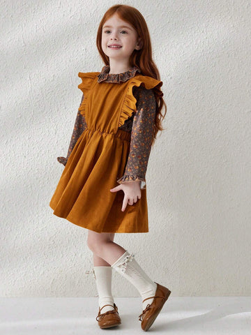 Blossori Young Girls Casual Floral Patchwork Ruffle Hem Dress, Autumn