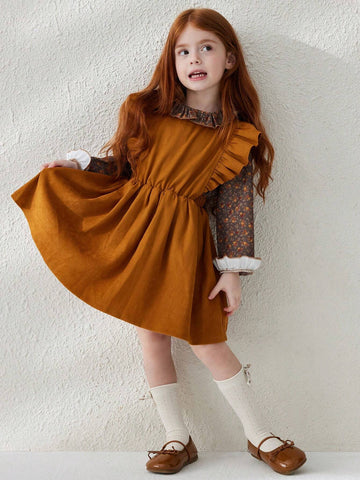 Blossori Young Girls Casual Floral Patchwork Ruffle Hem Dress, Autumn