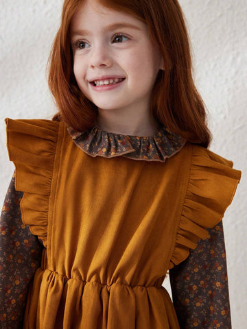 Blossori Young Girls Casual Floral Patchwork Ruffle Hem Dress, Autumn