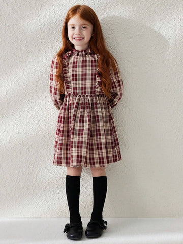 Blossori Young Girls Casual Plaid Puff Sleeve Dress, Autumn