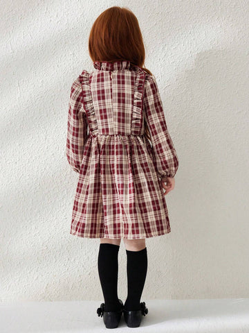 Blossori Young Girls Casual Plaid Puff Sleeve Dress, Autumn