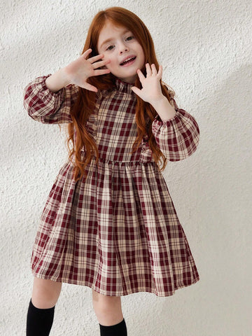 Blossori Young Girls Casual Plaid Puff Sleeve Dress, Autumn