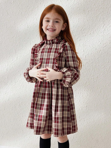 Blossori Young Girls Casual Plaid Puff Sleeve Dress, Autumn