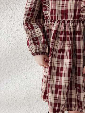 Blossori Young Girls Casual Plaid Puff Sleeve Dress, Autumn