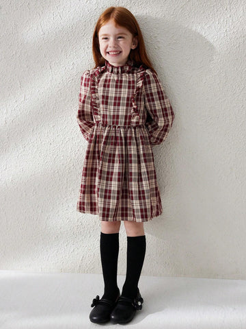 Blossori Young Girls Casual Plaid Puff Sleeve Dress, Autumn