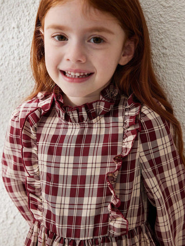 Blossori Young Girls Casual Plaid Puff Sleeve Dress, Autumn