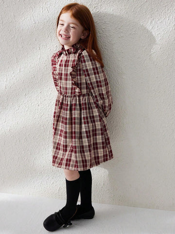Blossori Young Girls Casual Plaid Puff Sleeve Dress, Autumn