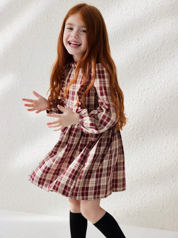 Blossori Young Girls Casual Plaid Puff Sleeve Dress, Autumn