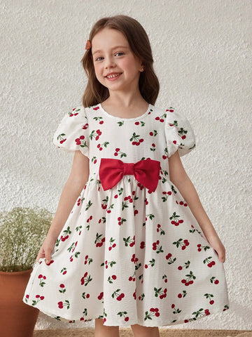 Young Girls Countryside Vacation Butterfly Decor Fruit Print Puff Sleeve Dress
