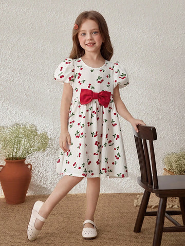 Young Girls Countryside Vacation Butterfly Decor Fruit Print Puff Sleeve Dress