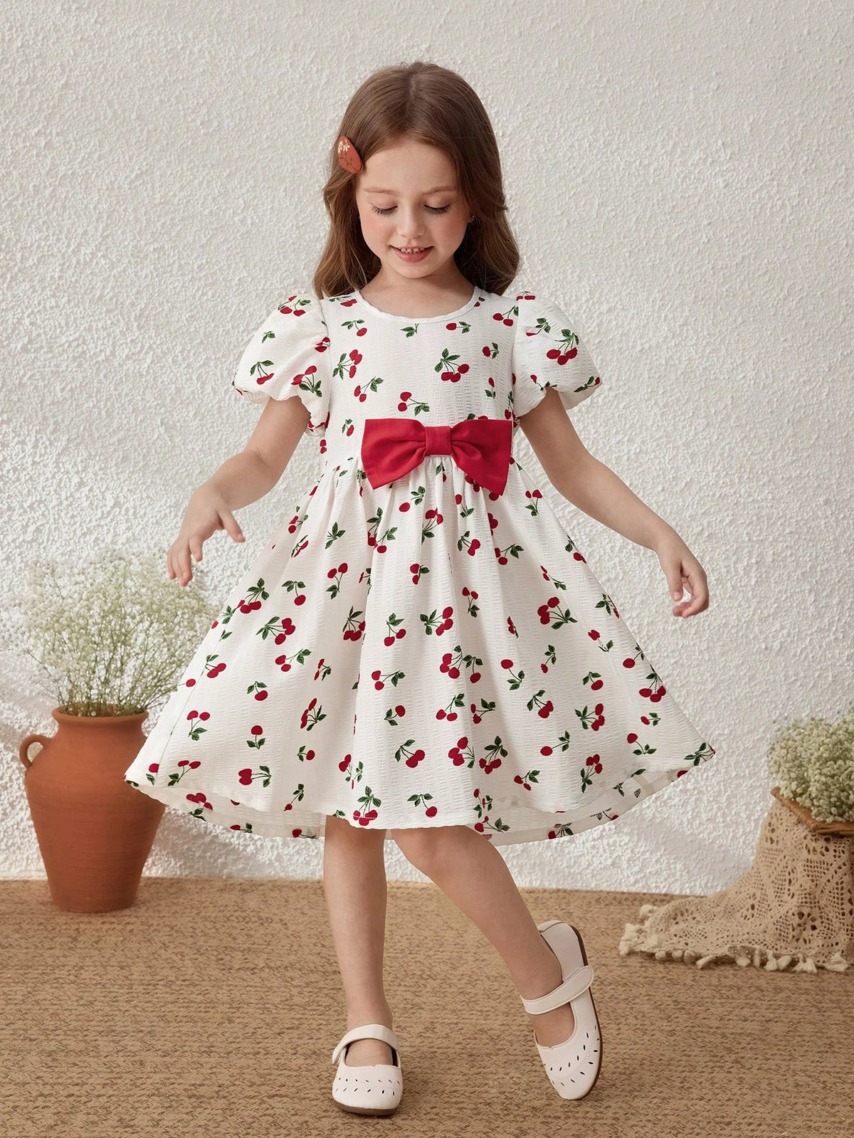 Young Girls Countryside Vacation Butterfly Decor Fruit Print Puff Sleeve Dress