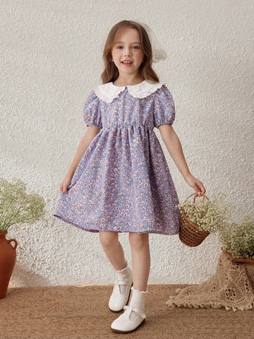 Young Girls Countryside Vacation Colorblock Ditsy Floral Peter Pan Collar Dress