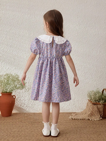 Young Girls Countryside Vacation Colorblock Ditsy Floral Peter Pan Collar Dress