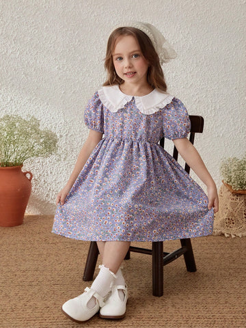 Young Girls Countryside Vacation Colorblock Ditsy Floral Peter Pan Collar Dress