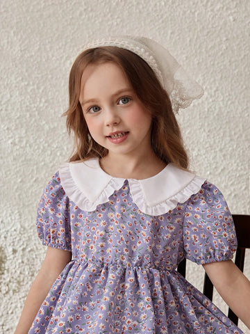 Young Girls Countryside Vacation Colorblock Ditsy Floral Peter Pan Collar Dress