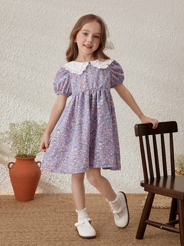 Young Girls Countryside Vacation Colorblock Ditsy Floral Peter Pan Collar Dress