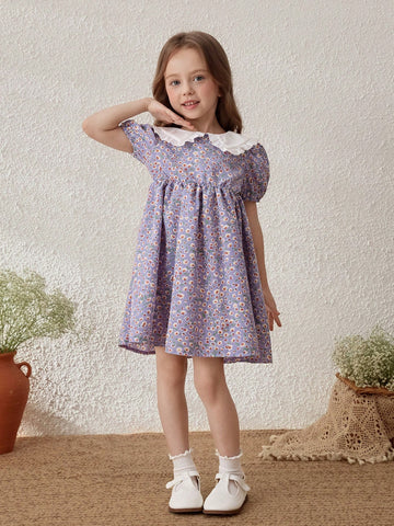 Young Girls Countryside Vacation Colorblock Ditsy Floral Peter Pan Collar Dress