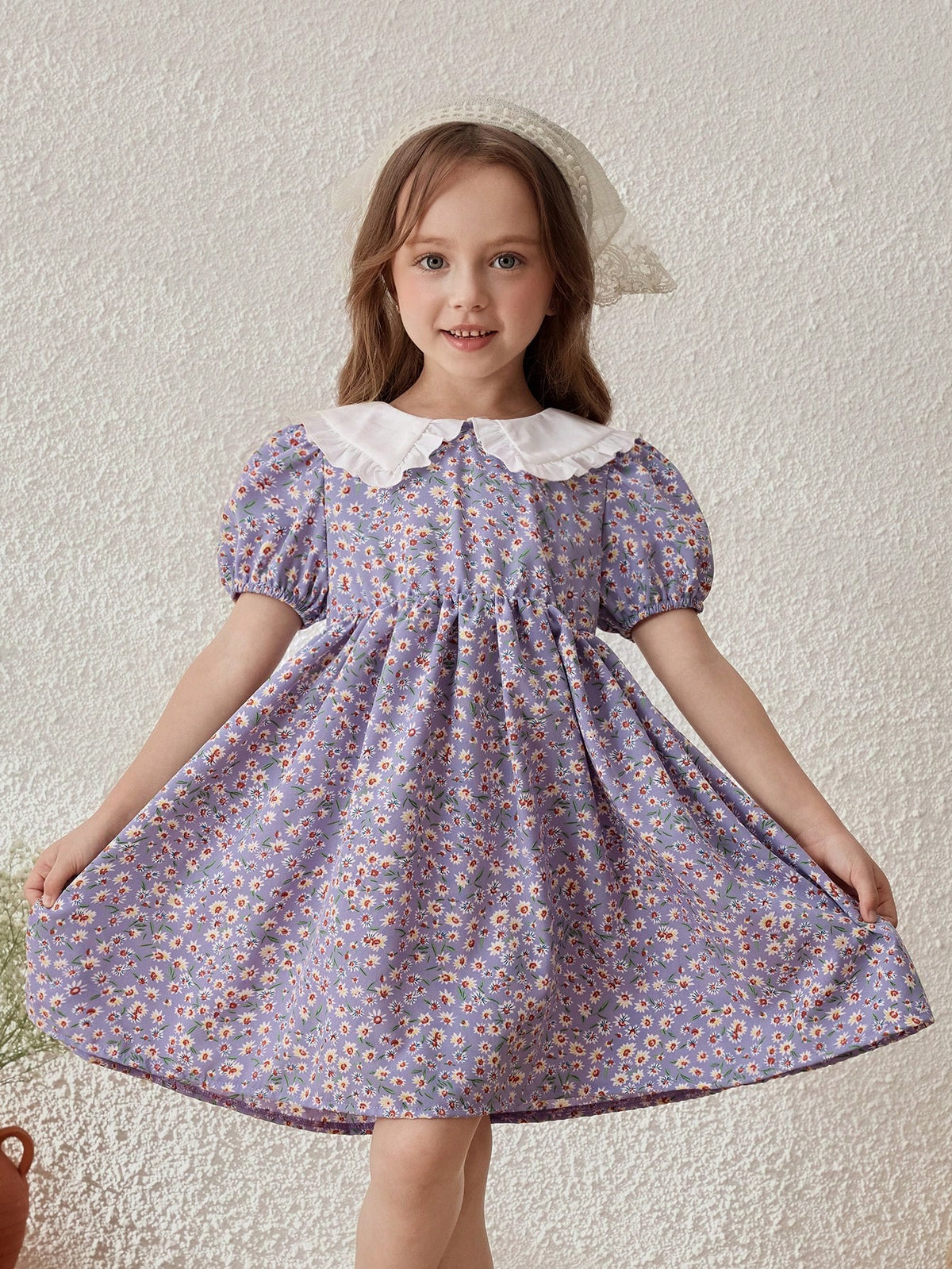 Young Girls Countryside Vacation Colorblock Ditsy Floral Peter Pan Collar Dress