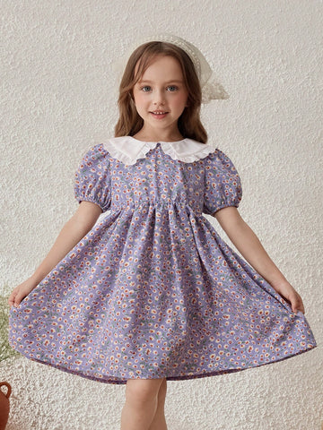 Young Girls Countryside Vacation Colorblock Ditsy Floral Peter Pan Collar Dress