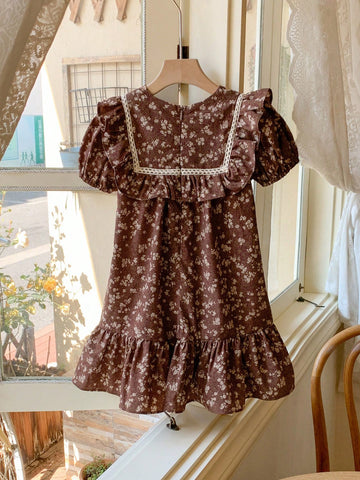 Blossori Young Girls Ditsy Floral Chiffon Ruffle Collar Loose Midi Dress, Elegant Style, Spring/Summer