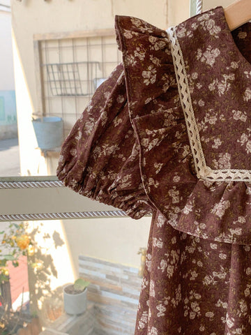 Blossori Young Girls Ditsy Floral Chiffon Ruffle Collar Loose Midi Dress, Elegant Style, Spring/Summer