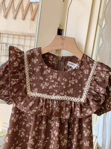 Blossori Young Girls Ditsy Floral Chiffon Ruffle Collar Loose Midi Dress, Elegant Style, Spring/Summer